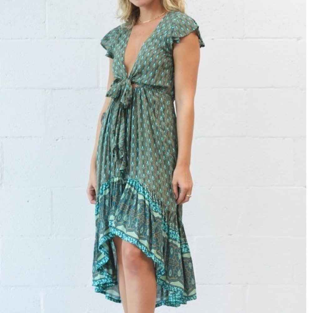 Sea Lustre Sunny Days Lotus Green Teal Boho Tie Front High Low Ruffle Dress S/M